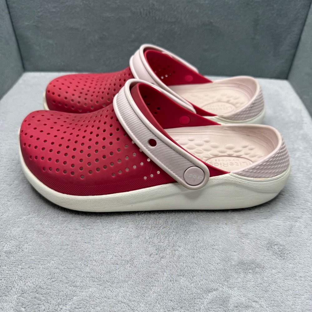 Crocs LiteRide Clogs Womens 6 Kids J4 Red Pink Athletic Comfort Slip On Shoes